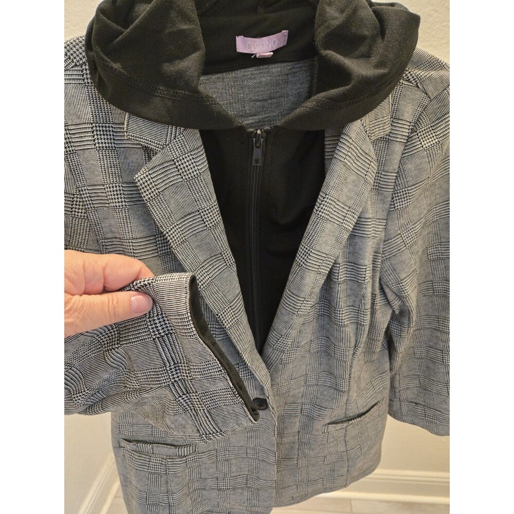 Cisono XL Plaid Blazer Hooded 2-in-1 Women's Black White Faux Layered Coat - Picture 2 of 9